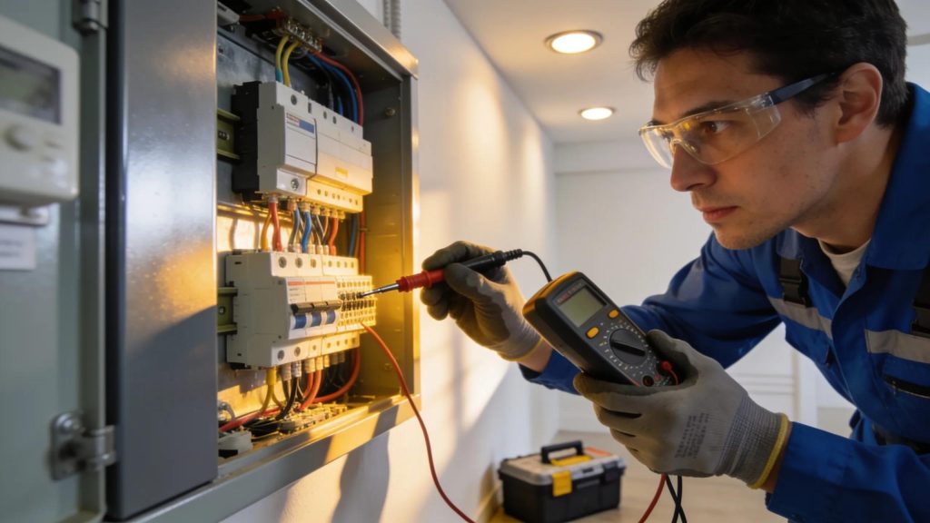 Modern electrical panel being inspected by an electrician, emphasizing safety and upgrades